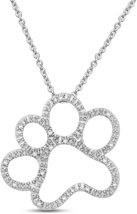 Jewelili Sterling Silver or Yellow Gold Plated Sterling Silver Dog Paw Pendant Necklace for Women | Treated Black or Natural White Round Diamonds | 18" Rolo Chain | Luxury Jewelry Gift for Her | Gift Box Included
