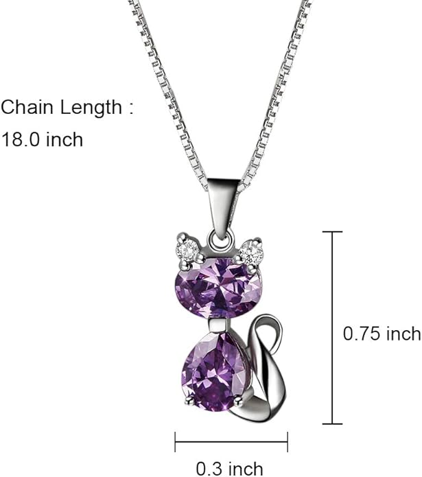 DreamsEden Cat Necklace, 18'' Silver Box Chain Women's Amethyst Cat Pendant Jewelry, Purple (Gift Box & Greeting Card)
