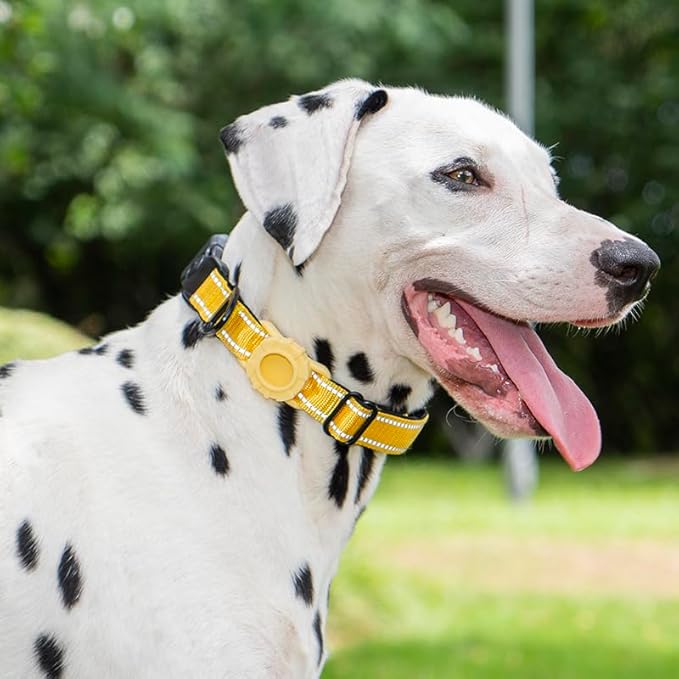 JSXD AirTag Dog Collar, Night Reflective Nylon Dog Collar for Small Medium Large Dogs,Lockable Quick Release Buckle,Padded Breathable Pet Collar with AirTag Holder (Yellow, Medium)