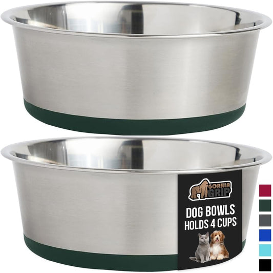 GORILLA GRIP Set of 2 Dog Bowls, Holds 4 Cups (32 fl oz), Heavy Duty Metal Food and Water Bowl for Feeding Dogs and Cats, Dishwasher Safe, Rust Resistant Stainless Steel, BPA Free Rubber Base, Green