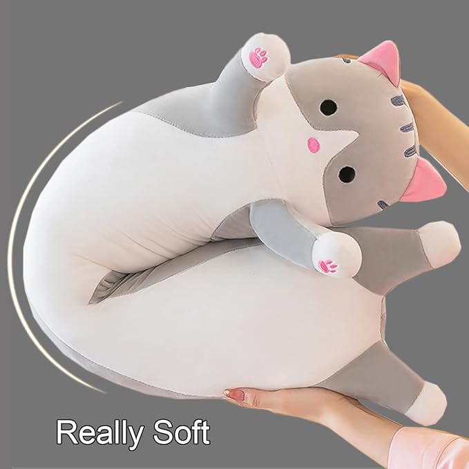 Giant Cat Pillow Plush Cartoon Kitty Sleeping Hugging Pillow, Cuddly Soft Long Kitten Body Pillow Doll Cat Cushion Toy for Kids Girlfriend (Gray, 70cm/27.55inch)