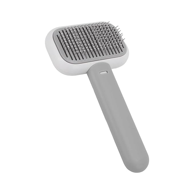 Dog Hair Brush, Self Cleaning Slicker Brush for Pets Cats Dogs Gentle Round Head Soft Needle Removes Floating Hair Comfortable Grip ABS Material 9 x 18cm (Grey White)