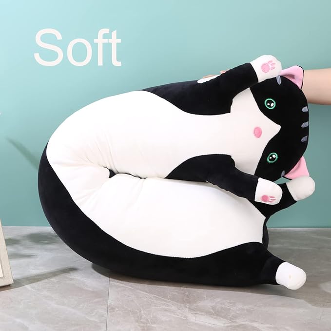 Giant Cat Pillow Plush Cartoon Kitty Sleeping Hugging Pillow, Cuddly Soft Long Kitten Body Pillow Doll Cat Cushion Toy for Kids Girlfriend(Black, 50cm/19.68inch)