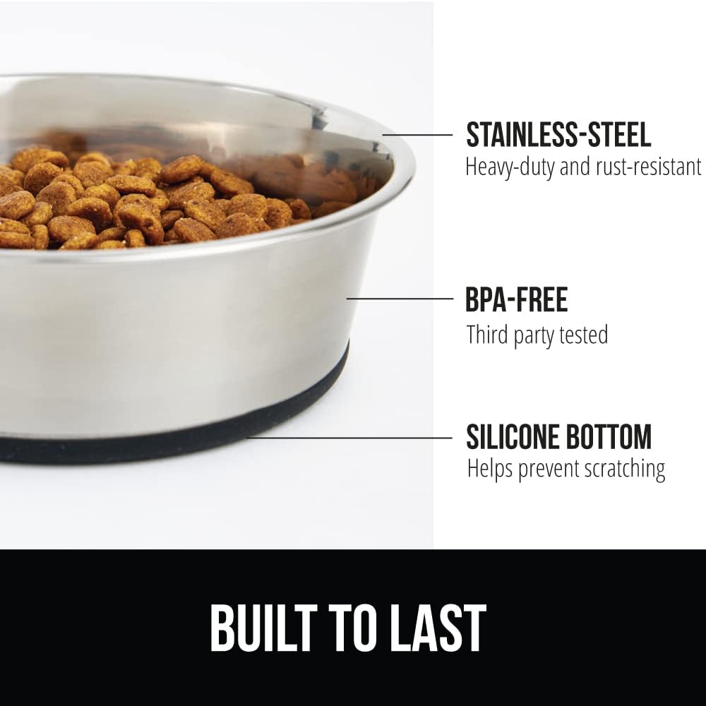 GORILLA GRIP Set of 2 Dog Bowls, Heavy Duty Metal Food and Water Bowl for Feeding Dogs and Cats, Dishwasher Safe, Rust Resistant Stainless Steel, BPA Free Rubber Base, Holds 1 Cup (8 fl oz), Black