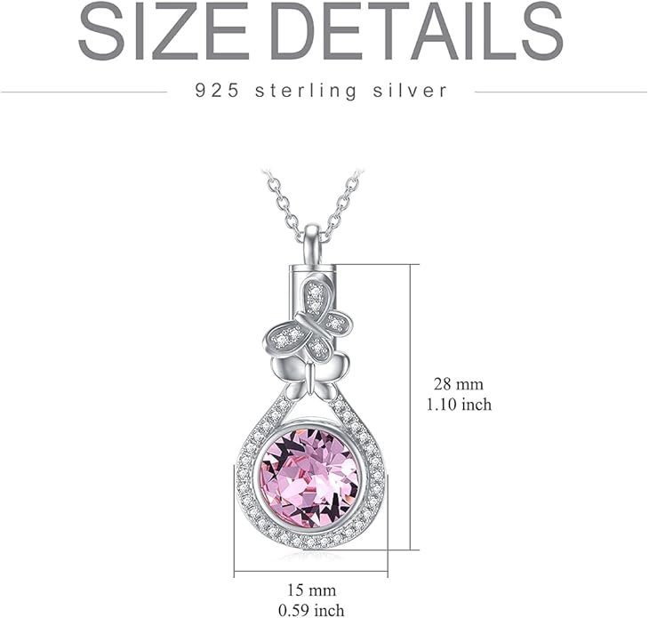 AOBOCO Butterfly Urn Necklace for Ashes 925 Sterling Silver Butterfly Cremation Jewelry Memorial Keepsake Pendant with 12 Months Birthstone Crystal from Austria