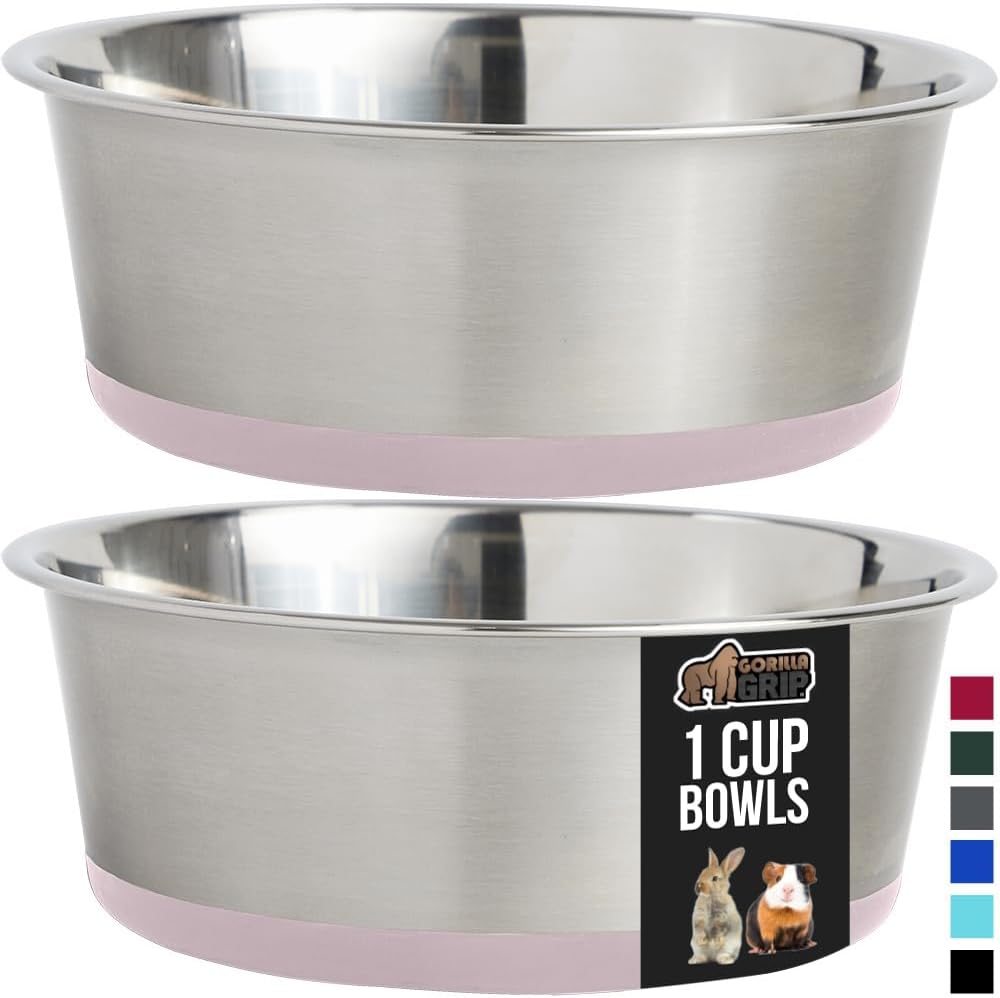 GORILLA GRIP Set of 2 Dog Bowls, Heavy Duty Metal Food and Water Bowl for Feeding Dogs and Cats, Dishwasher Safe, Rust Resistant Stainless Steel, BPA Free Rubber Base, Holds 1 Cup (8 fl oz), Lt Pink