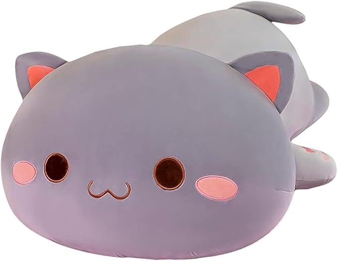 FUYU Cat Stuffed Animals, Soft Cat Plush Pillow Kawaii Kitten Stuffed Animal Toy Gifts for Kids Boys Girls Room Decor (Grey Round Eyes,35in/87)