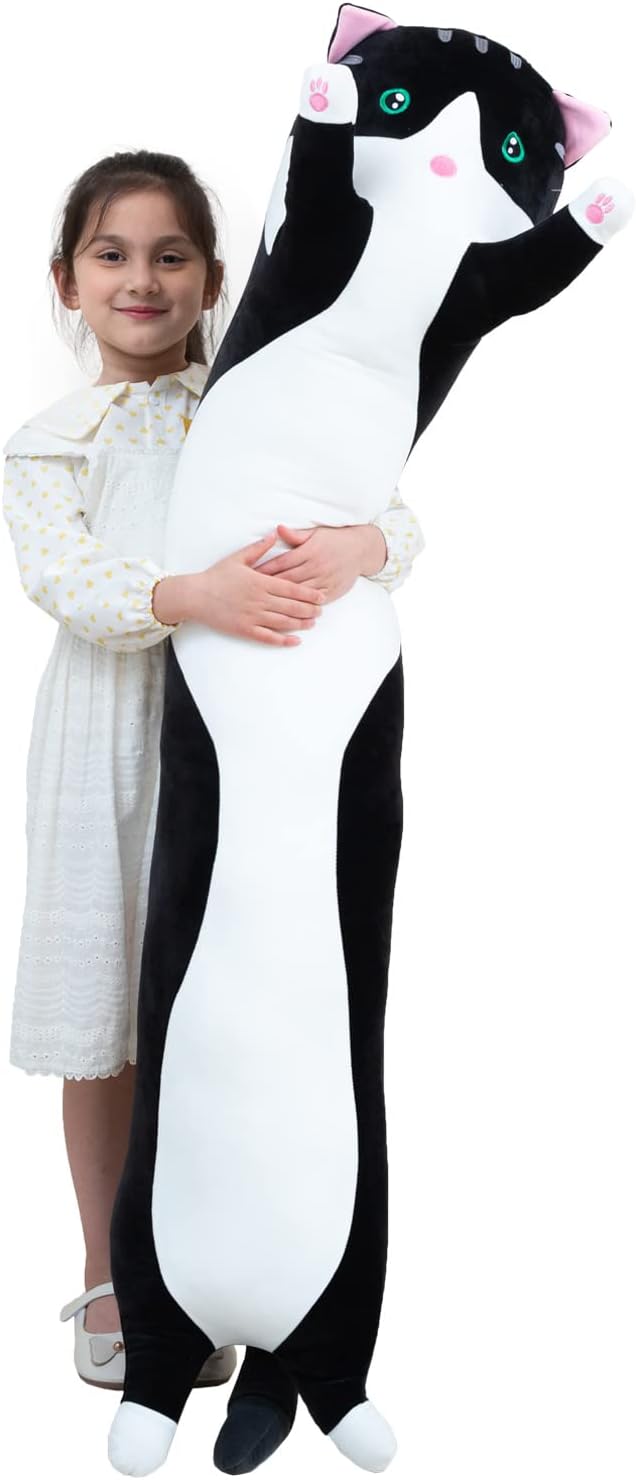 Giant Cat Pillow Plush Cartoon Kitty Sleeping Hugging Pillow, Cuddly Soft Long Kitten Body Pillow Doll Cat Cushion Toy for Kids Girlfriend (Black, 90cm/35.4inch)
