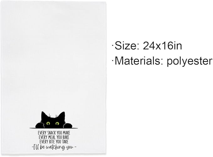 EXUQO Funny Cat Kitchen Towels - Black Cats Hand & Dish Towel Set, Housewarming Gift (White)