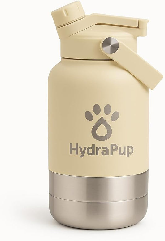 32oz Insulated Water Bottle with Dog Bowls – Human & Pet Shared Use, Stainless Steel Leakproof Travel Bottle (Sand Beige)