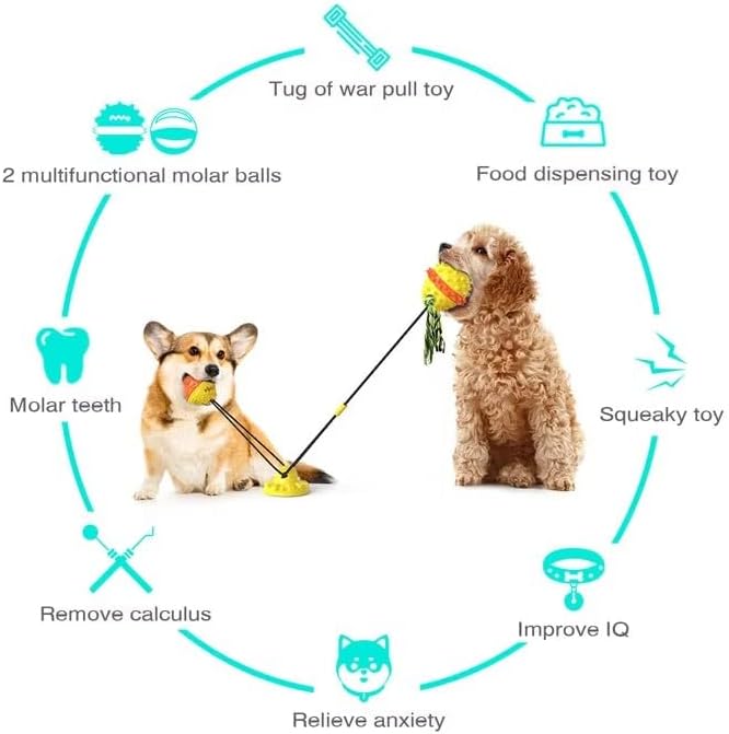 Dog Toy with Suction Cup - Interactive Toys for Large Dogs - Durable Dog Toothbrush & Chew Toy - Puppy Teething Toys - Indestructible Dog Toy - Food Dispensing Dog Tug Toy - Yellow