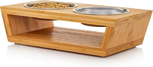 4" Tall Elevated Dog Bowls for Small Dogs, Food and Water Bowl Set by Pawfect Pets (Natural Bamboo)