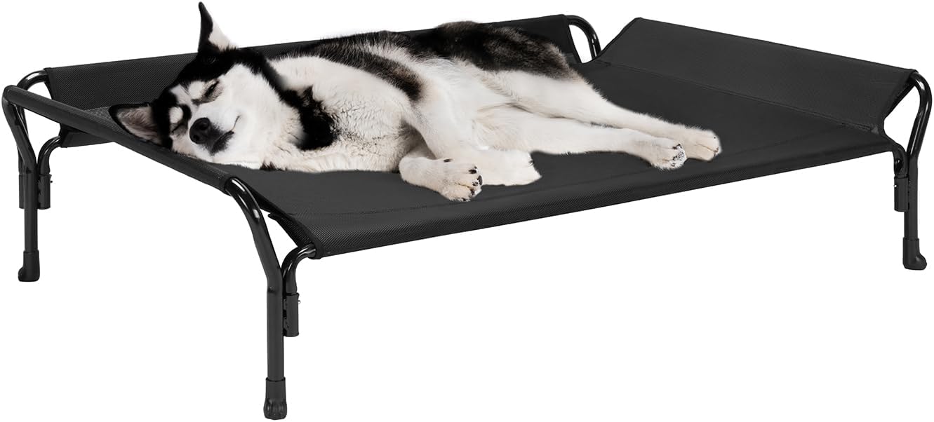 Veehoo Cooling Elevated Dog Bed, Raised Pet Cot with Guardrail & Slope Headrest, Durable & Breathable Teslin Mesh, Non-Slip Feet, Washable Dog Sofa Bed for Indoor & Outdoor, Large 47" x 32", Black