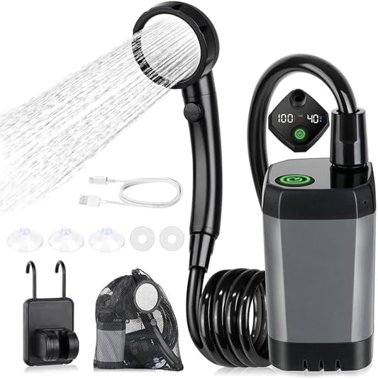 Portable Shower for Camping, 6000mAh Rechargeable Portable Shower, Portable Camping Shower Pump,4 Spray Modes, LED Display, IPX7 Waterproof Shower Pump for Camp, Hiking, Travel, Car, Pet