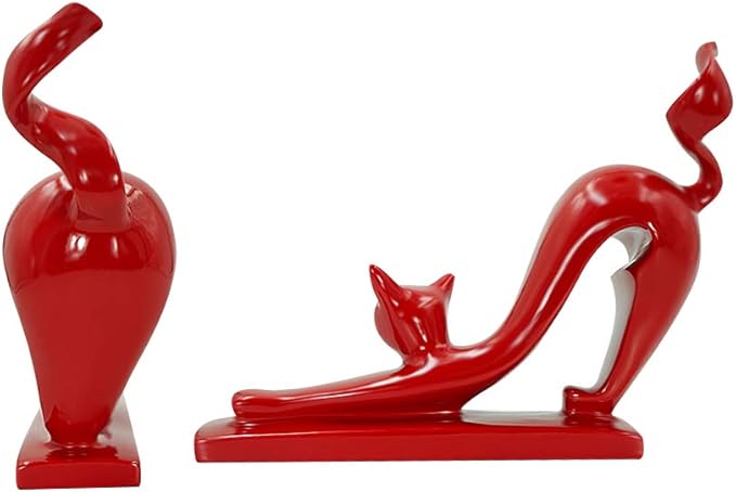 DreamsEden Modern Home Decor Cat Statue - Resin Art Animal Figurine Accent Ornaments for Living Room Bedroom Shelf (Red)