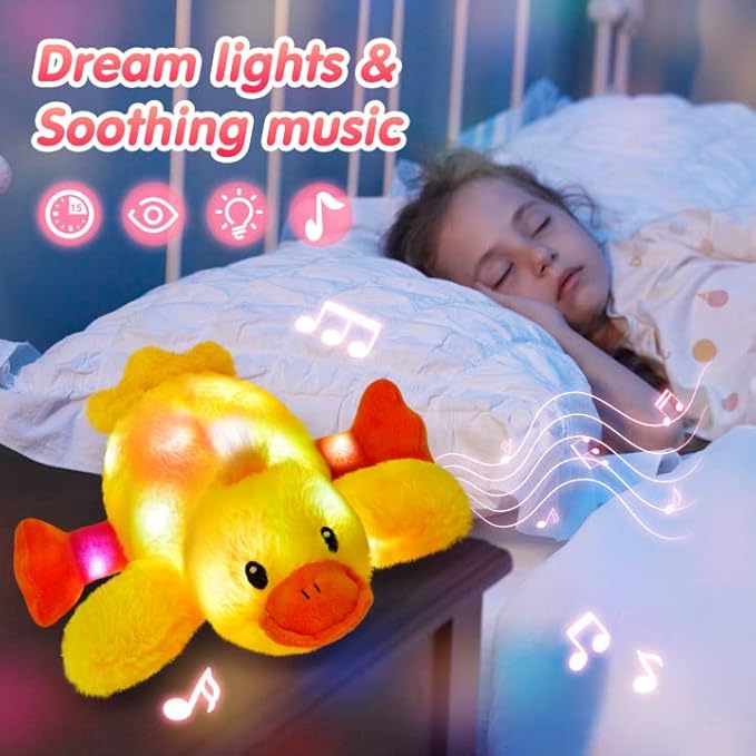 Glow Guards 12'' Musical Light Up Yellow Duck Stuffed Animal LED Glowing Singing Soft Plush Toy Pillow Night Lullaby Holiday Birthday Children's Day Gifts for Toddler Kids