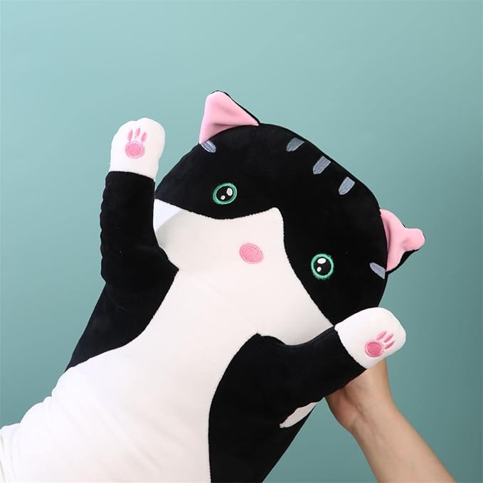 Giant Cat Pillow Plush Cartoon Kitty Sleeping Hugging Pillow, Cuddly Soft Long Kitten Body Pillow Doll Cat Cushion Toy for Kids Girlfriend(Black, 50cm/19.68inch)