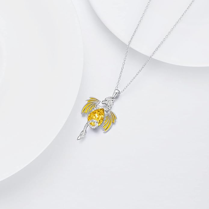 Dragon Necklace for Men Sterling Silver Birthstone Wyvern Necklace Embllished with Teardrop Shaped Crystal Jewelry for Women