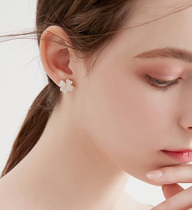 Green Cat Eye's Clover Flower Earrings for Women Girls 925 Sterling Silver Post Pin Hypoallergenic Lucky Love Heart 4 Leaf Petal Small Cute Studs Earring Dainty Gifts for Mother Sister Aunt