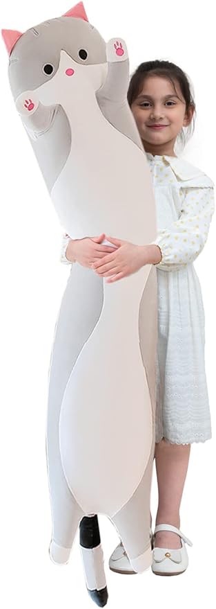 Giant Cat Pillow Plush Cartoon Kitty Sleeping Hugging Pillow, Cuddly Soft Long Kitten Body Pillow Doll Cat Cushion Toy for Kids Girlfriend (Gray, 150cm/59inch)