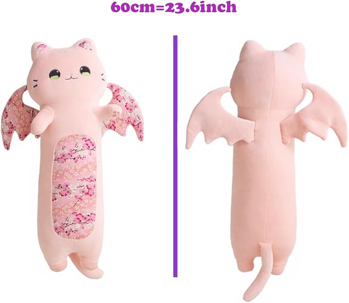 ELAINREN Long Bat Cat Plush Body Pillow Crazy Stuffed Pink Cat with Wings Halloween Large Bat Cat Plushie Toy Gifts/23.6''