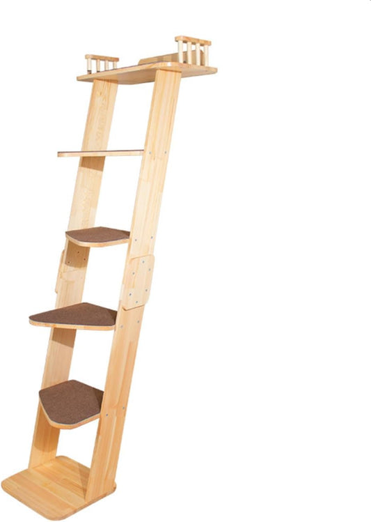 Modern 70“ Tall 6 Level Leaning Cat Climbing Ladder Tree Tower Condo with Large Perch Platform for Window Wall, Solid Wood Cat Furniture Shelves for Multiple Cats