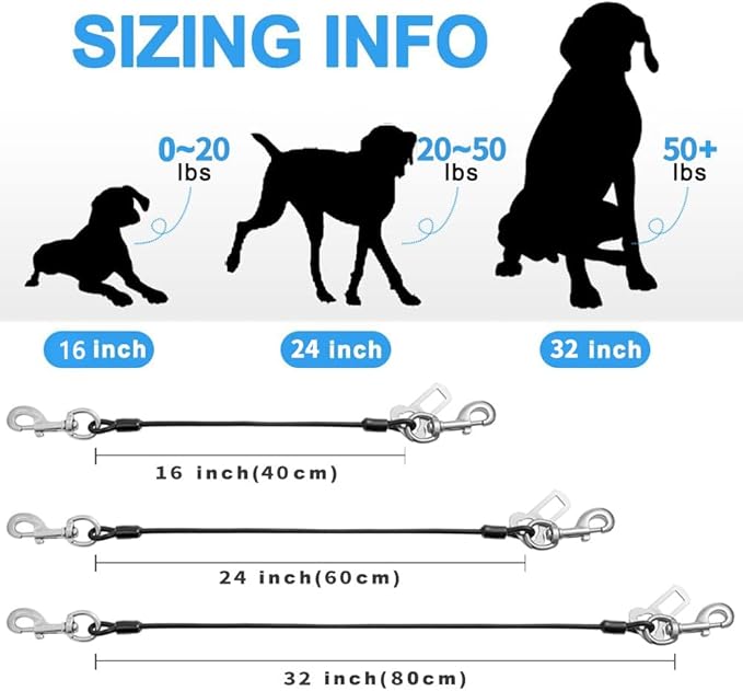 Dog Seat Belt Harness for Car,2pcs Dog Seatbelt of Coated Wire Leash Safety Restraint,No Chew Tether Cable Vehicle Dog Accessories,Double Clips & Latch (2 Pack Black, 24 inch/60 CM)