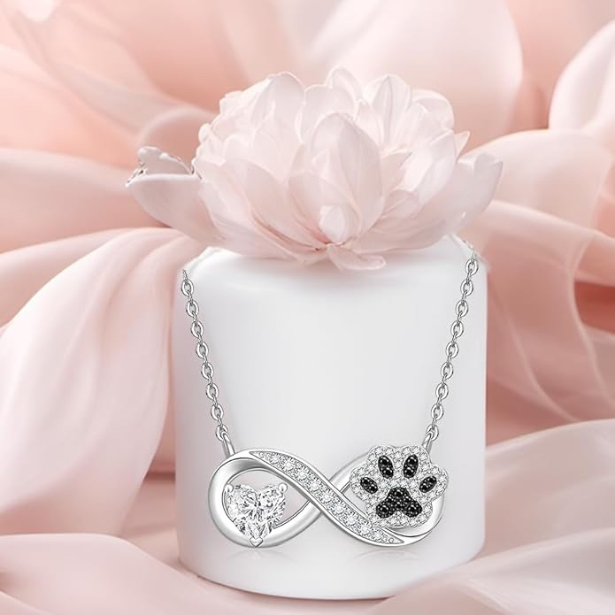 Infinity Paw Print Necklace for Women Sterling Silver Heart Cat Dog Paw Necklace Pawprint Necklaces Pendant Jewelry Christmas Mothers Day Gifts