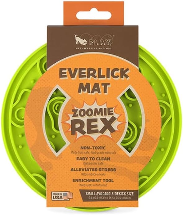 P.L.A.Y. Enrichment Feeding Lick Mat for Dogs & Cats - ZoomieRex EverLick, Great for Puppies & Small, Medium, Large Dogs - Alleviate Boredom, Slow Feeder for Meal or Treats, Dishwasher Safe (Green)