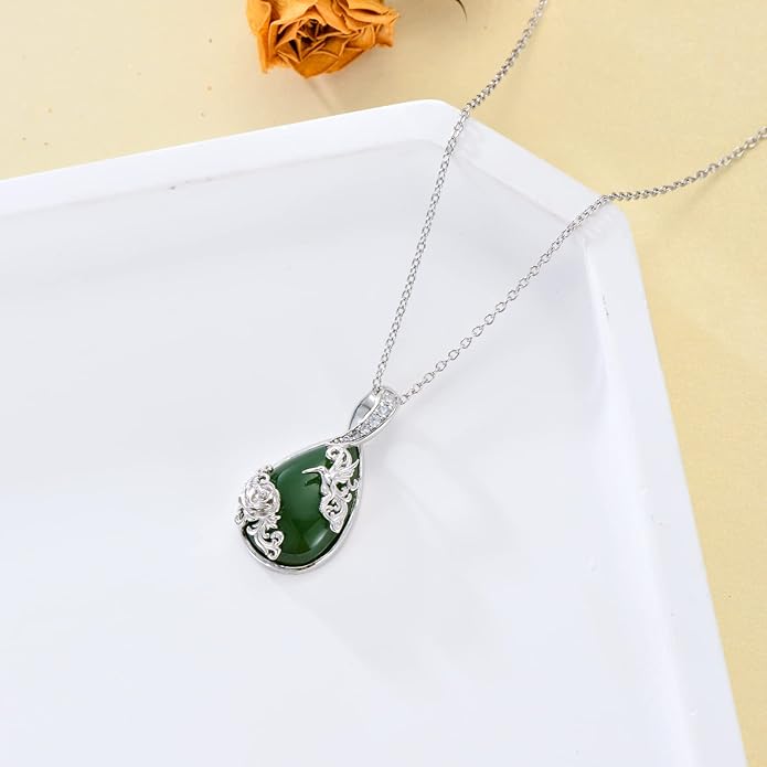Green Jade Necklace Sterling Silver Teardrop Hummingbird/Dragonfly/Butterfly/Bee/Cat/Cardinal/Owl/Fox/Sloth Natural Jade Jewelry Birthday Mothers Day Christmas Gifts Women Mom Her