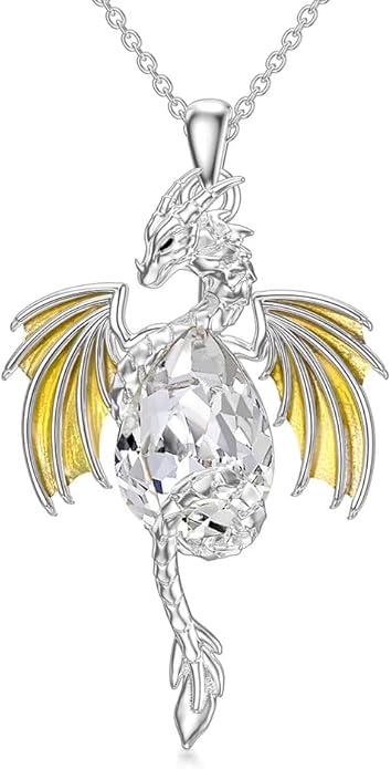 Dragon Necklace for Men Sterling Silver Birthstone Wyvern Necklace Embllished with Teardrop Shaped Crystal Jewelry for Women