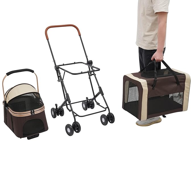 Double Pet Stroller with Detachable Carriers, Large Cat & Dog Stroller with 4 Wheels, Foldable Pet Strollers Small & Medium Dogs Cats 77lbs (Coffee Color)