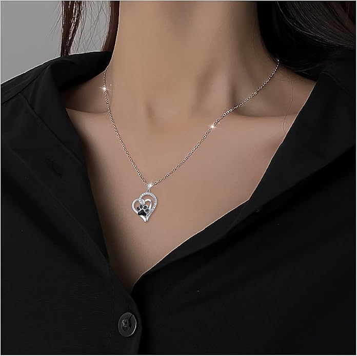 FLYOW 925 Sterling Silver Cute Paw Print Forever Love Heart Pendant Necklace/Bracelet/Stud Earrings Gift for Women, Box Chain 18"
