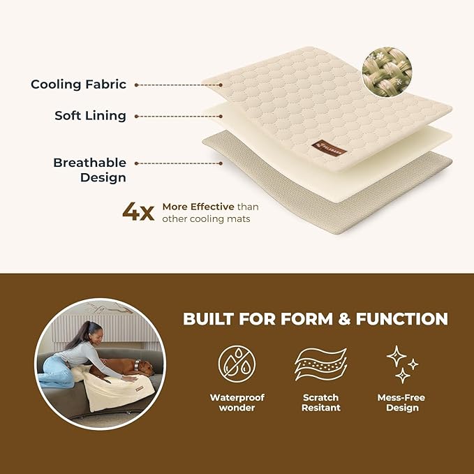 Pelsbarn Dog Cooling Mat- Ice Silk Summer Comfort, Self Cooling, Non-Slip Dog Pad, Durable & Washable, Mat for Large Dogs 25"" x 37"", Support Shelter Dogs with Every Purchase (Beige)
