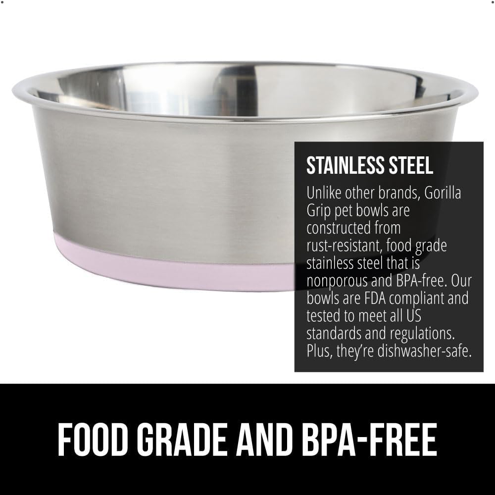 GORILLA GRIP Set of 2 Dog Bowls, Heavy Duty Metal Food and Water Bowl for Feeding Dogs and Cats, Dishwasher Safe, Rust Resistant Stainless Steel, BPA Free Rubber Base, Holds 1 Cup (8 fl oz), Lt Pink