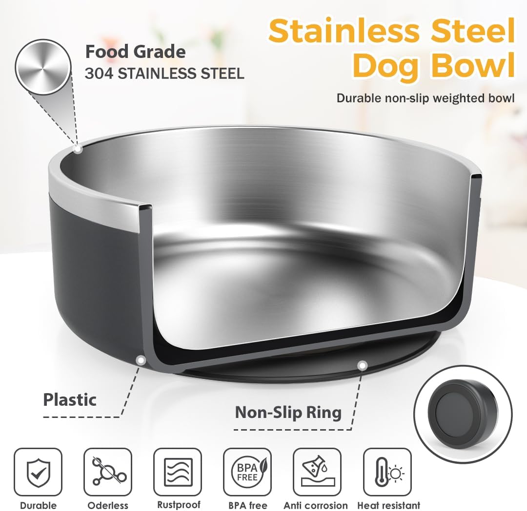 IKITCHEN Dog Bowl for Food and Water, 64 Oz Stainless Steel Pet Feeding Bowl, Durable Non-Skid Insulated Heavy Duty with Rubber Bottom for Medium Large Sized Dogs (64 Ounces/8 Cup, Grey)