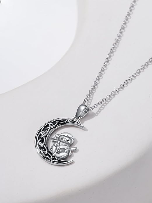 Fox/Cat/Axolotl/Sloth/Panda Necklace Crescent Moon Necklace 925 Sterling Silver Cute Animal Jewelry as Birthday Mothers Day Gifts for Women