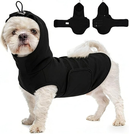 Anxiety Relief Shirt for Small Dogs with Hood -S | Adjustable Chest & Ear Cover,Lightweight Calming Vest Wraps Body,Relief Stress for Separation,Fireworks,Travel (Black)