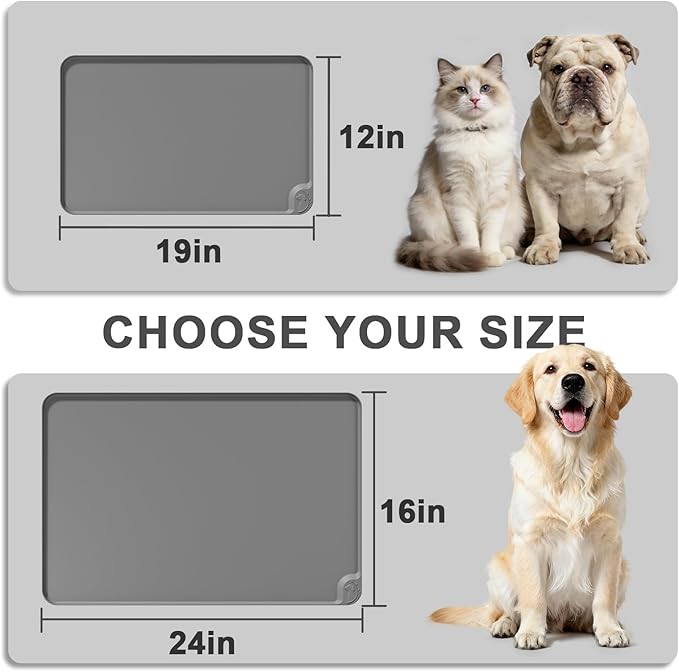 ESTHELLO Waterproof Pet Feeding Mats - Advanced Silicone Dog Food Mat Easy to Clean for Dog & Cat Bowls, 24''x16'' Premium Gray
