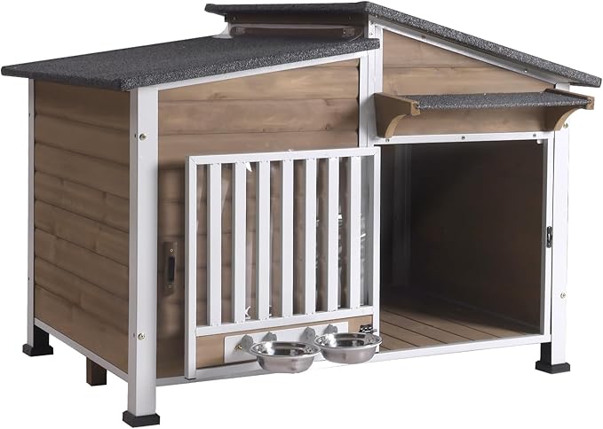 GUTINNEEN Dog House Outdoor Dog Kennel with Chew-Proof Metal Frame, Rotating Food Bowl, PVC Door Curtain, Weatherproof for Small Medium Dogs, 39.7" L x 25.5" D x 32.2" H (Light Brown)