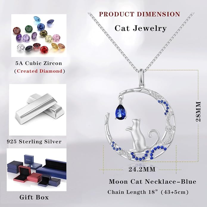 jiamiaoi 18K White Gold Plated Cat Necklace 925 Sterling Silver Diamond Cat Necklace Silver Cat On Moon Necklace for Women Gift for Birthday/Christmas, Come with Gift Box
