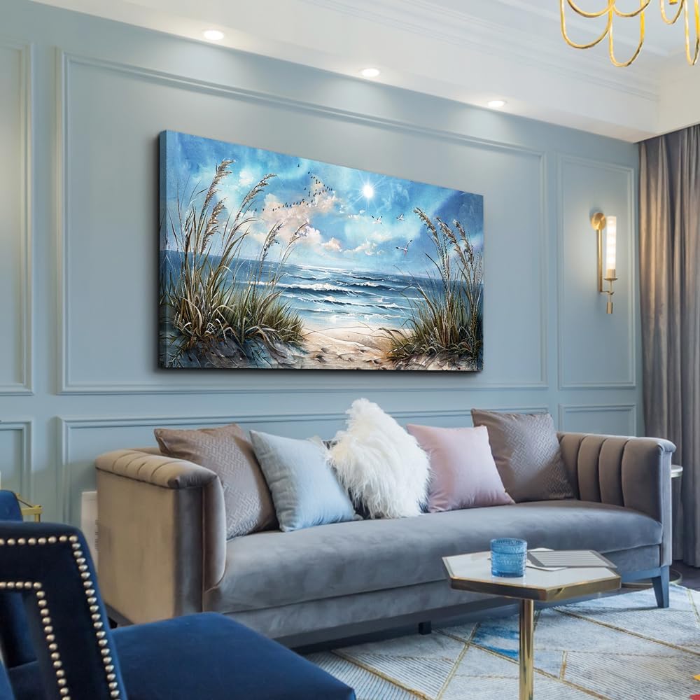 hyidecorart Large Wall Art For Living Room Wall Decor For Bedroom Sunshine Ocean Scenery Painting Blue Sea Waves Wall Pictures Office Modern Canvas Prints Artwork Aesthetic Home Decoration 48"X 24"