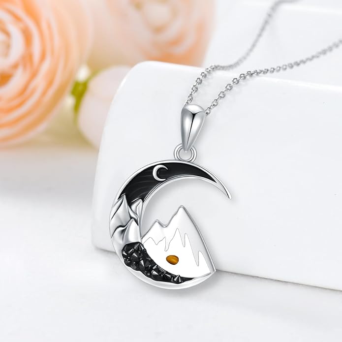 Gothic Jewelry Bat/Cat/Wolf/Dragon/Owl/Fox/Spider/Sun Pendant Sterling Silver Crescent Moon Necklace for Women Girls Black Jewelry Gifts