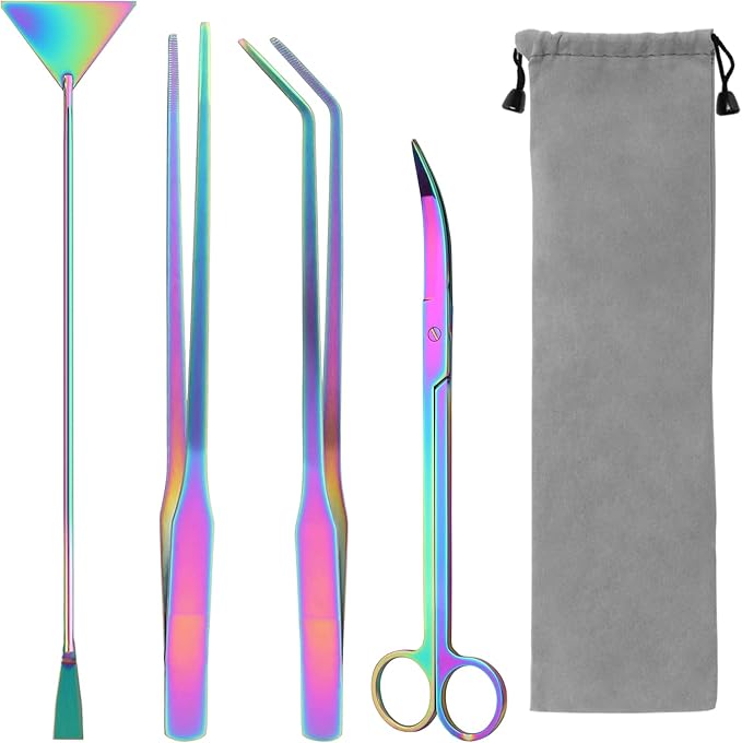 Aquarium Aquascape Tools Kit 15 in, 4in1 Anti-Rust Aquatic Plant Aquascaping Tool Stainless Steel Silver Tweezer Scissors Spatula for Aquarium Tank Clean (15in, Colorful)