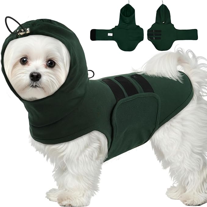 X-Small Dog Anti-Anxiety Vest with Adjustable Chest & Hood | Small Dog Calming Vest Ear Cover for Puppy,Soft Anxiety Shirt for Fireworks,Noise (DarkGreen)