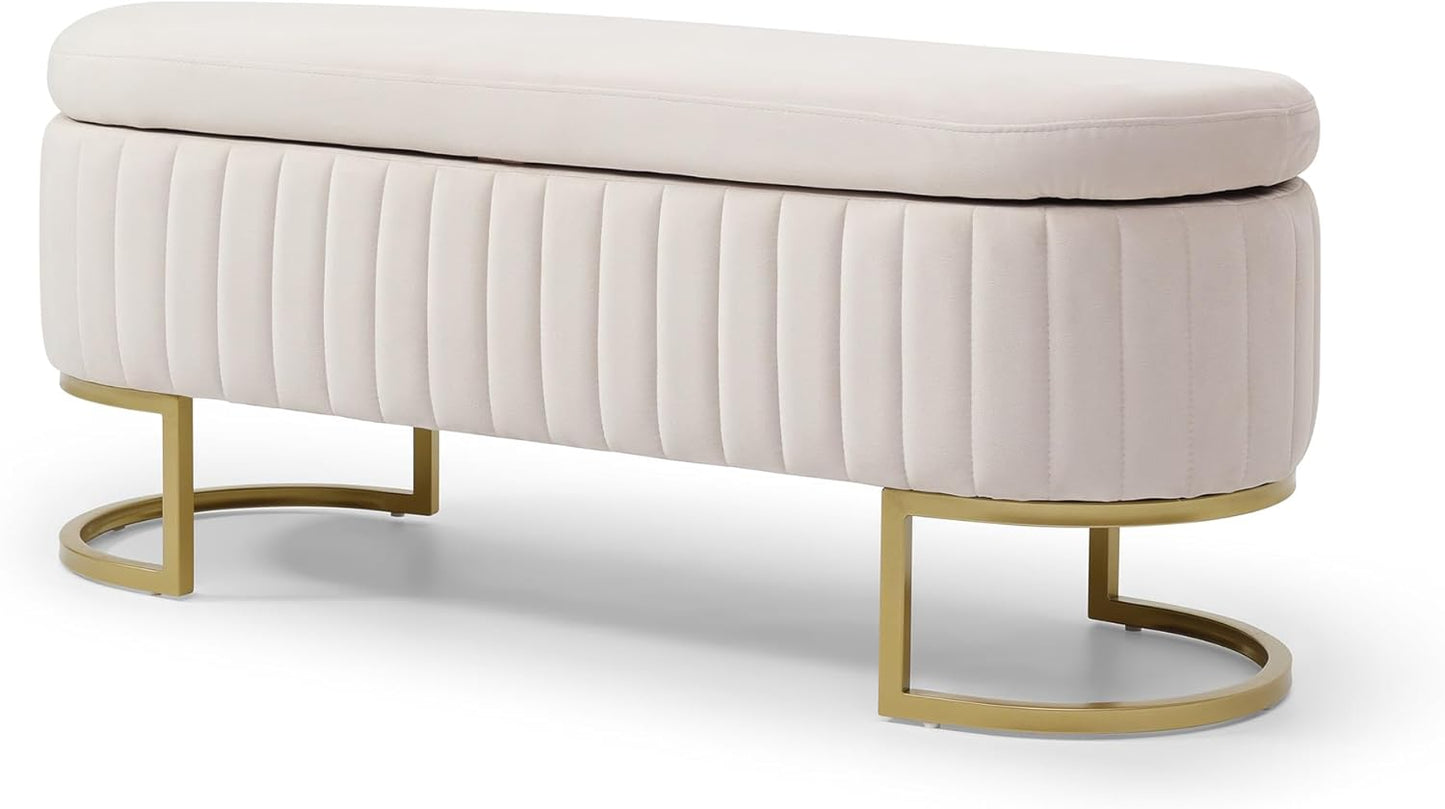 50" Sherpa Storage Ottoman Bench – Velvet Upholstered Bedroom Bench with Golden Metal Legs, Lift-Top Hidden Storage, Modern Footrest for Living Room, Entryway, Bed End (Beige)