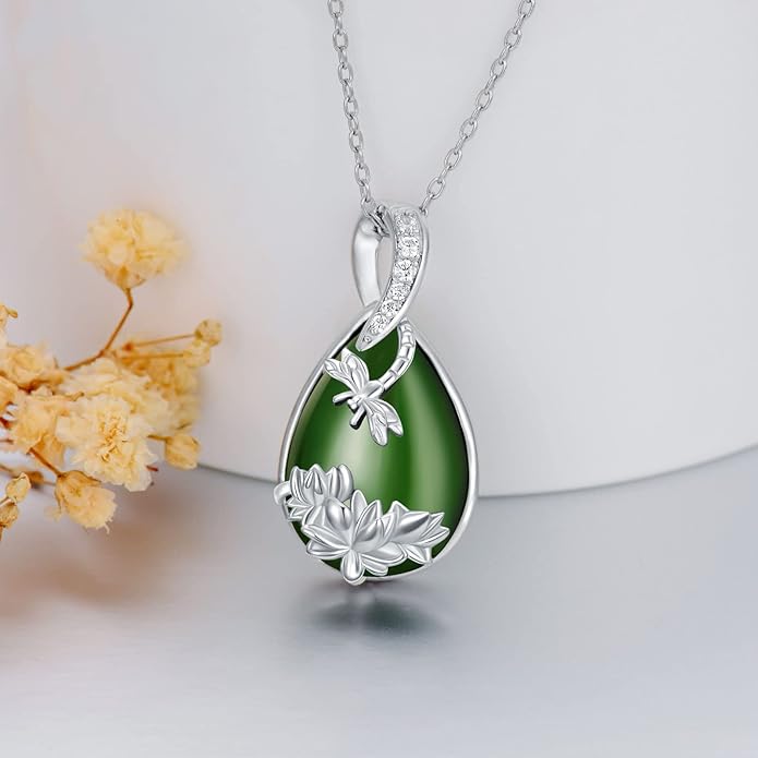 Green Jade Necklace Sterling Silver Teardrop Hummingbird/Dragonfly/Butterfly/Bee/Cat/Cardinal/Owl/Fox/Sloth Natural Jade Jewelry Birthday Mothers Day Christmas Gifts Women Mom Her