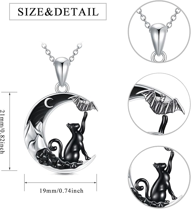 Gothic Jewelry Bat/Cat/Wolf/Dragon/Owl/Fox/Spider/Sun Pendant Sterling Silver Crescent Moon Necklace for Women Girls Black Jewelry Gifts