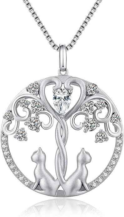 jiamiaoi 18K White Gold Plated Cat Necklace 925 Sterling Silver Diamond Cat Necklace Silver Cat On Moon Necklace for Women Gift for Birthday/Christmas, Come with Gift Box