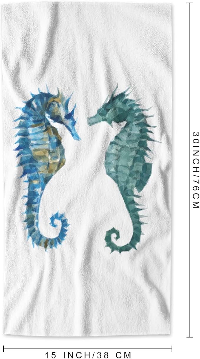 AOYEGO Seahorse Bath Towels Blue Green Sea Horses Polygon Triangles Kitchen Hand Towels Bathroom Decor Soft Beach Microfiber Hair Towels 15x30 Inch